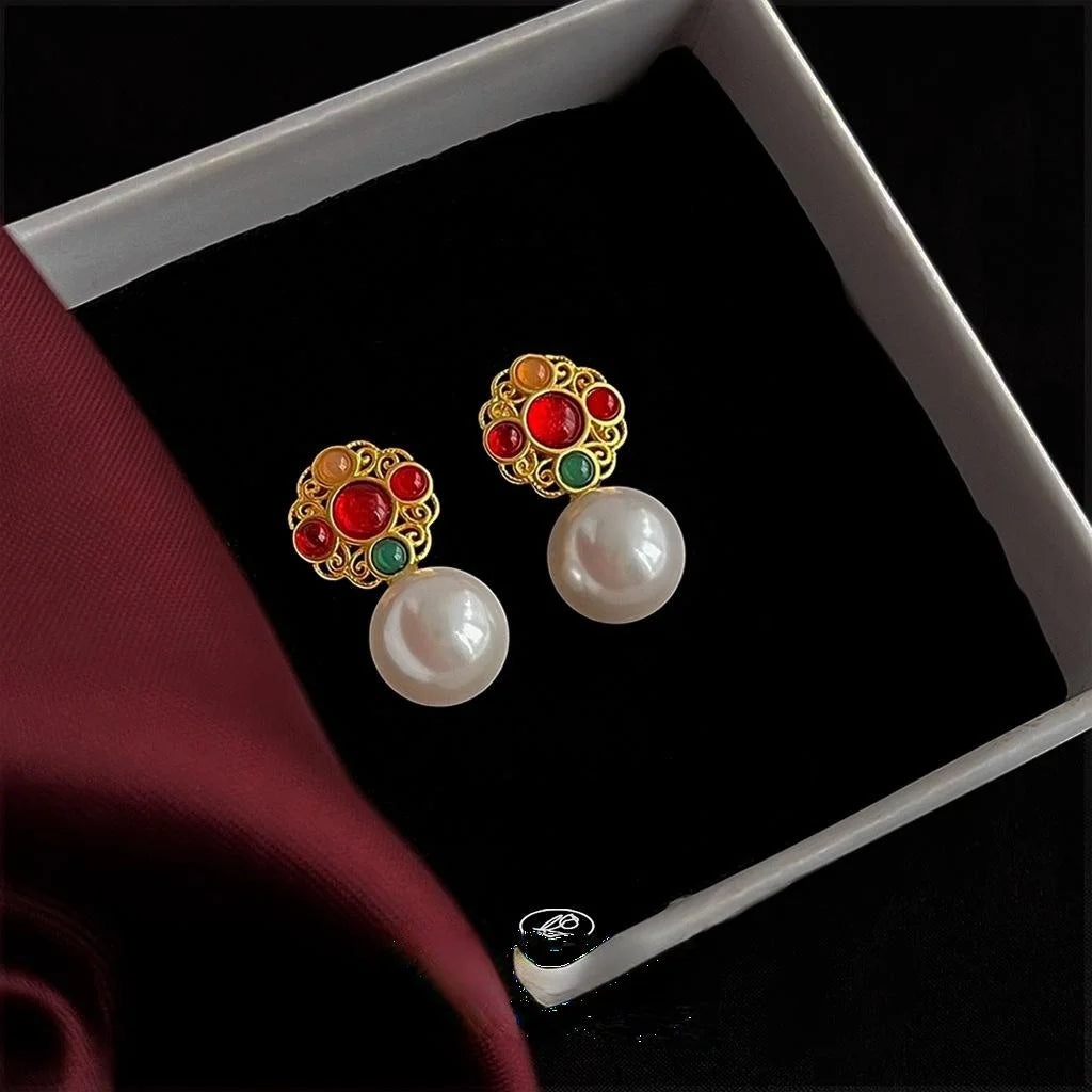 Light Luxury Vintage French Pearl Drop Earrings Copper Hollow Totem Design