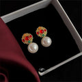 Light Luxury Vintage French Pearl Drop Earrings Copper Hollow Totem Design
