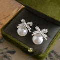 Micro Pave Zircon Bow Glass Pearl Stud Earrings Light Luxury Copper