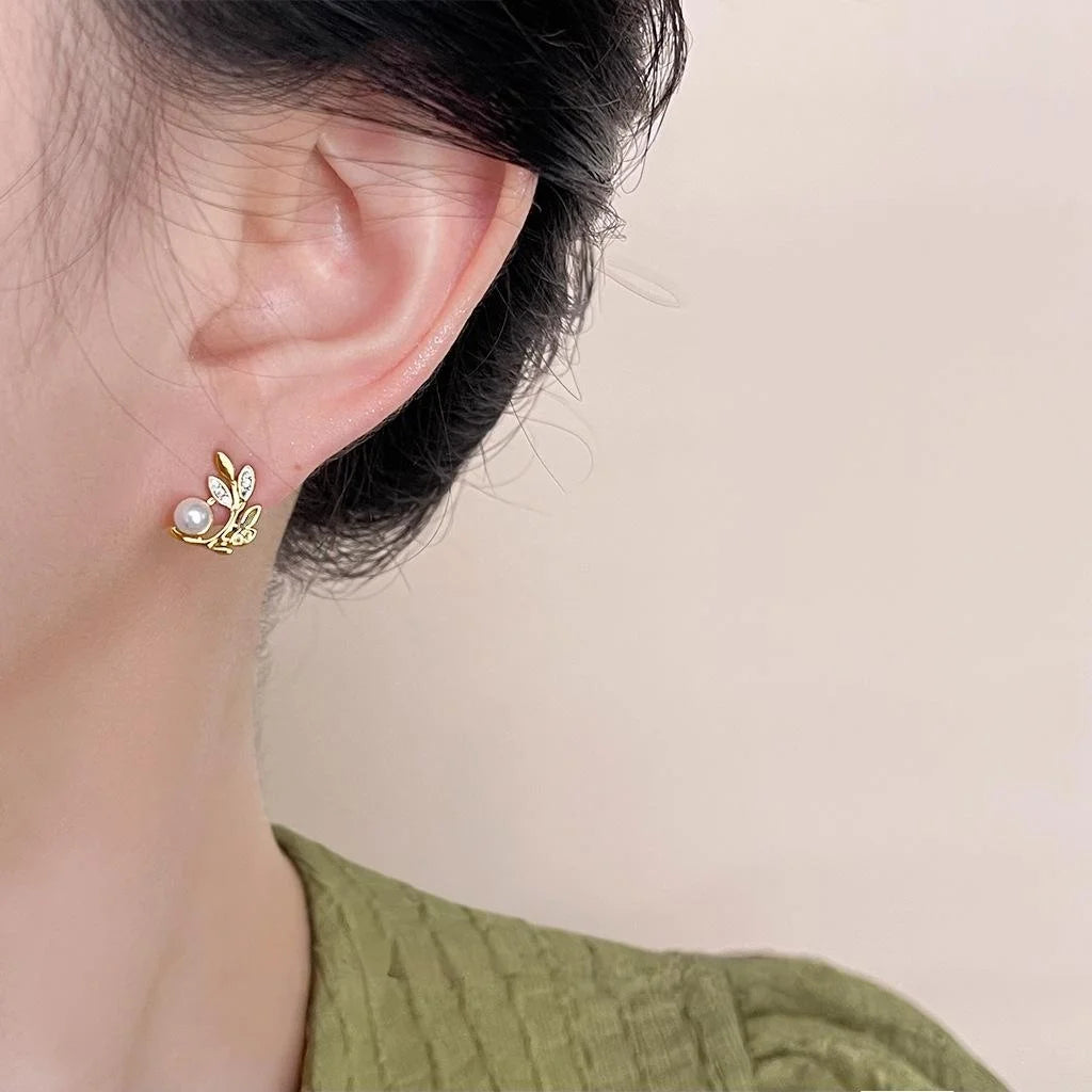 14K Gold Plated Copper Zircon Pearl Wheat Leaf Stud Earrings Simple Geometric Jewelry