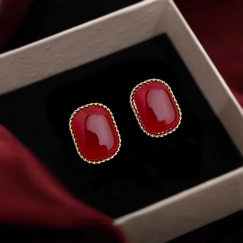 Vintage Hong Kong Style Burgundy Geometric Copper Stud Earrings