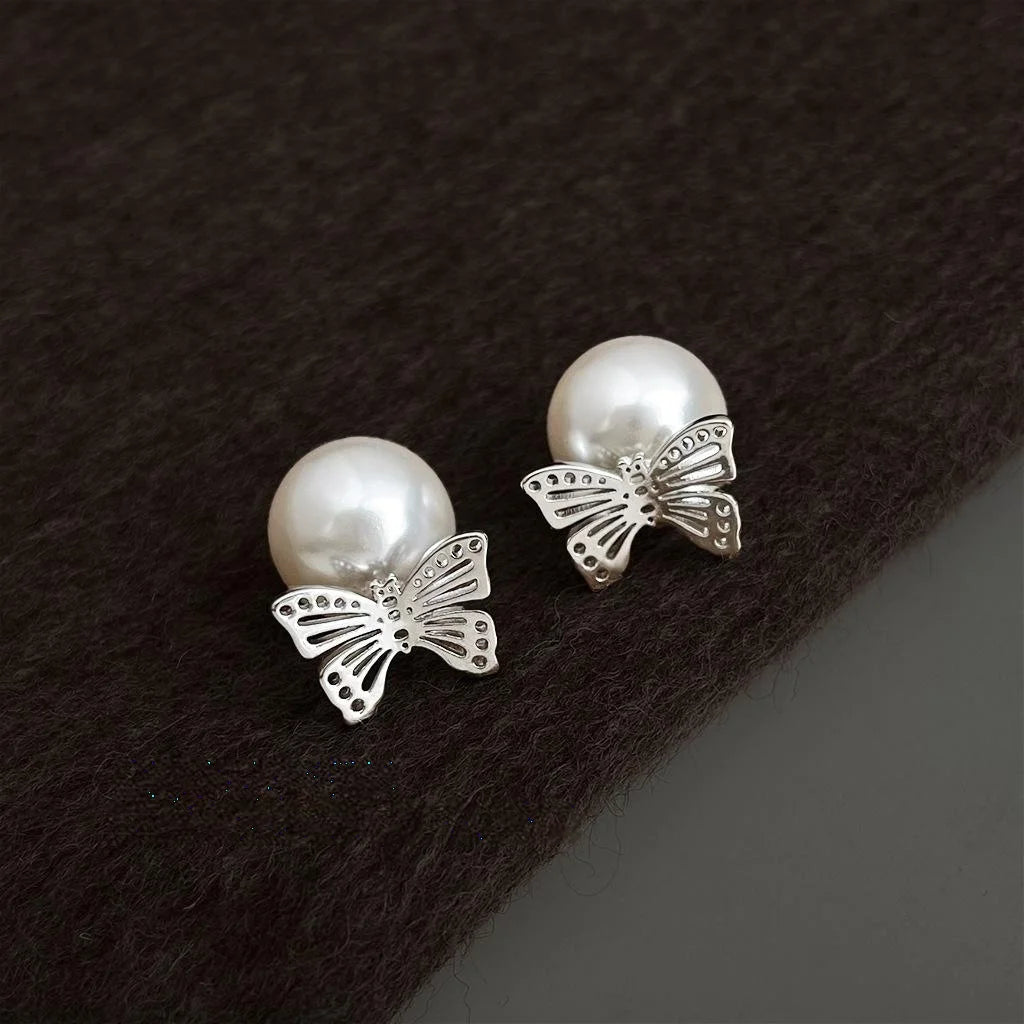 Two-Way Butterfly Stud Earrings Copper Hollow Lightweight Pearl Elegant Commuter Jewelry