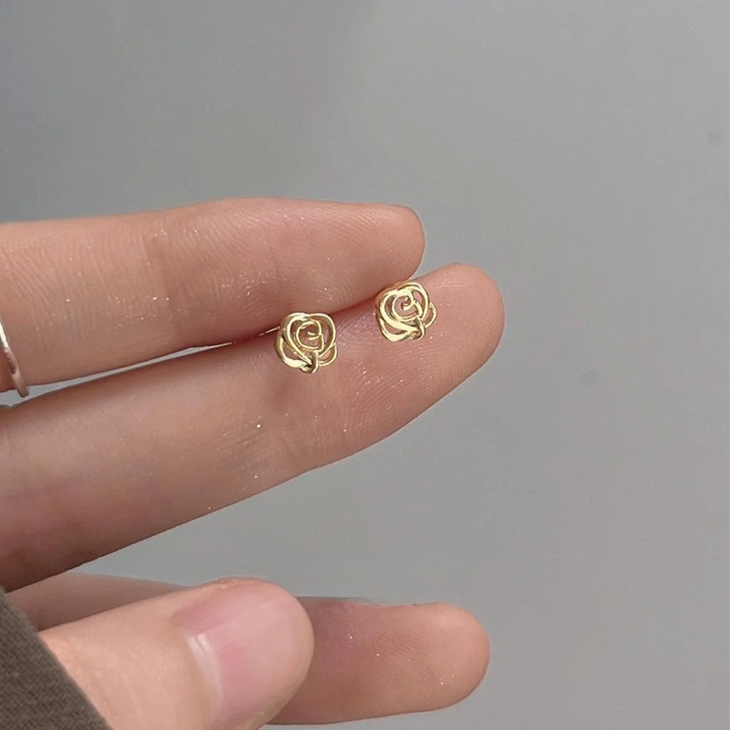 14K Plated Copper Mini Rose Flower Stud Earrings Minimalist Daily Jewelry