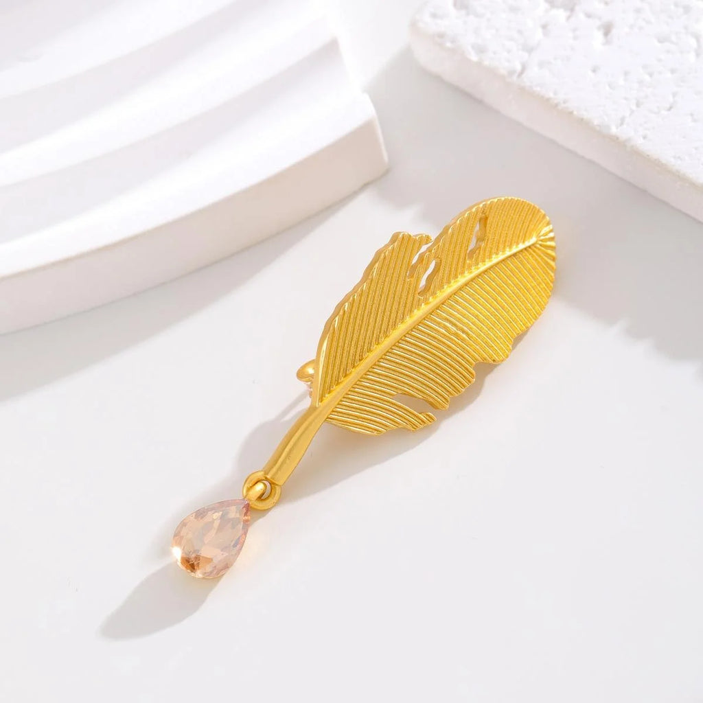 Elegant Gold Alloy Feather Leaf Brooch With Crystal Teardrop Pendant, Women's Lapel Pin Suit Accessory