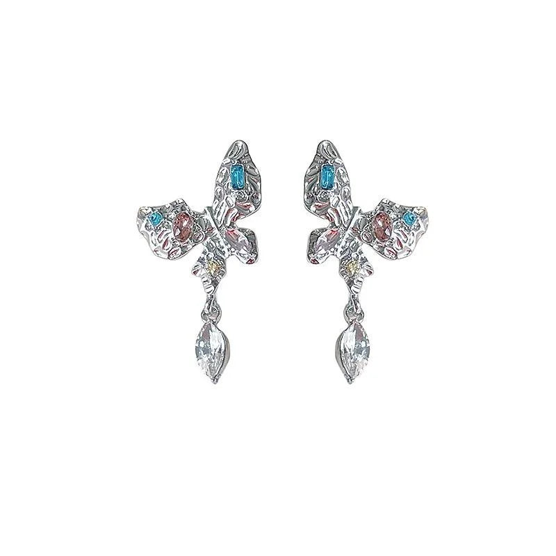 Sweet Cool Glass Crystal Rhinestone Butterfly Drop Earrings With Silver Plated Pins