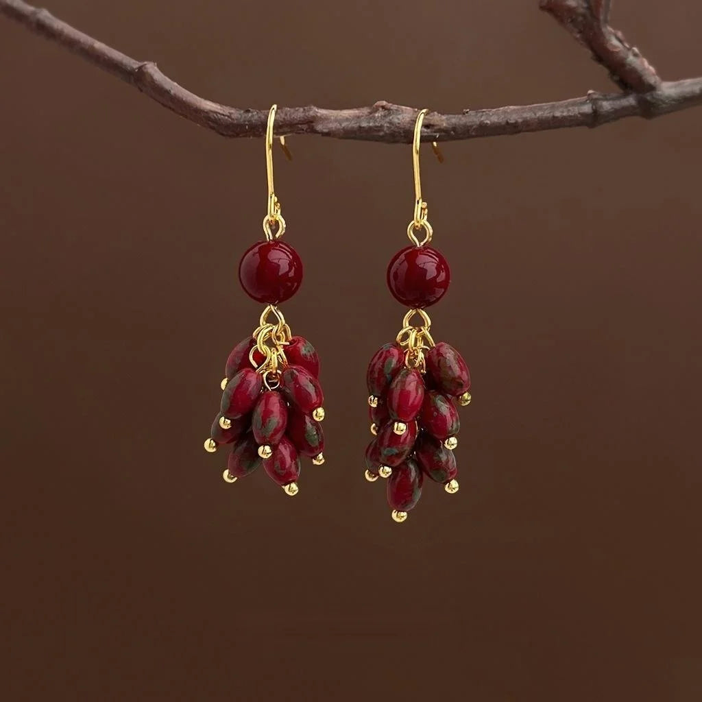 Handmade Chinese Style Fiery Red Glass Beaded Long Tassel Drop Earrings With Copper Hooks