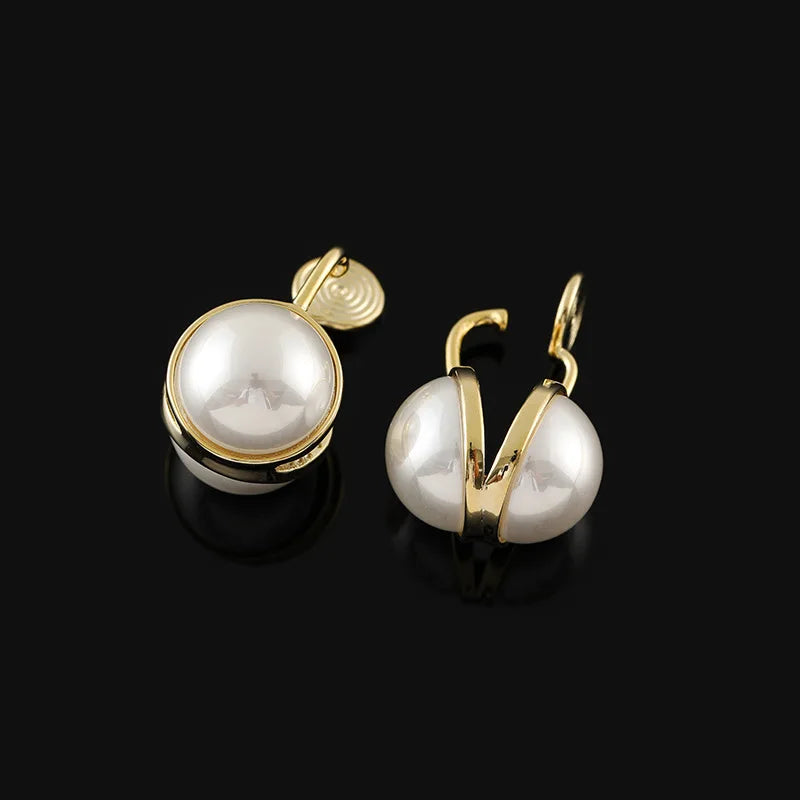 Vintage Spiral Disc Double Sided Pearl Alloy Stud & Clip On No Piercing Commuter Hoop Earrings