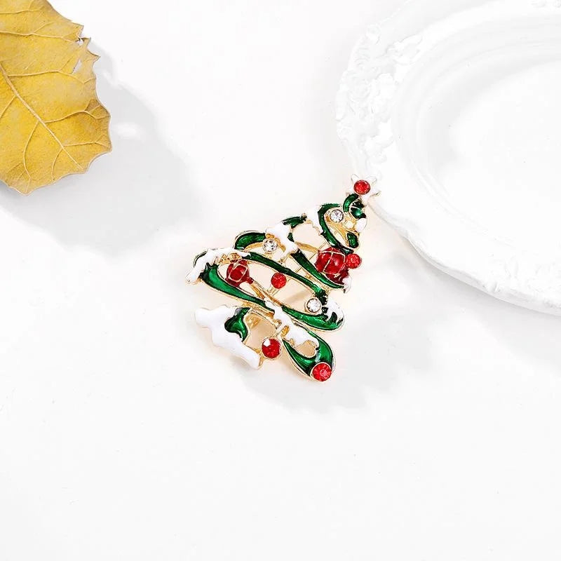 Elegant Enamel Christmas Tree Brooch With Rhinestones, Festive Snow Lapel Pin Corsage Gift