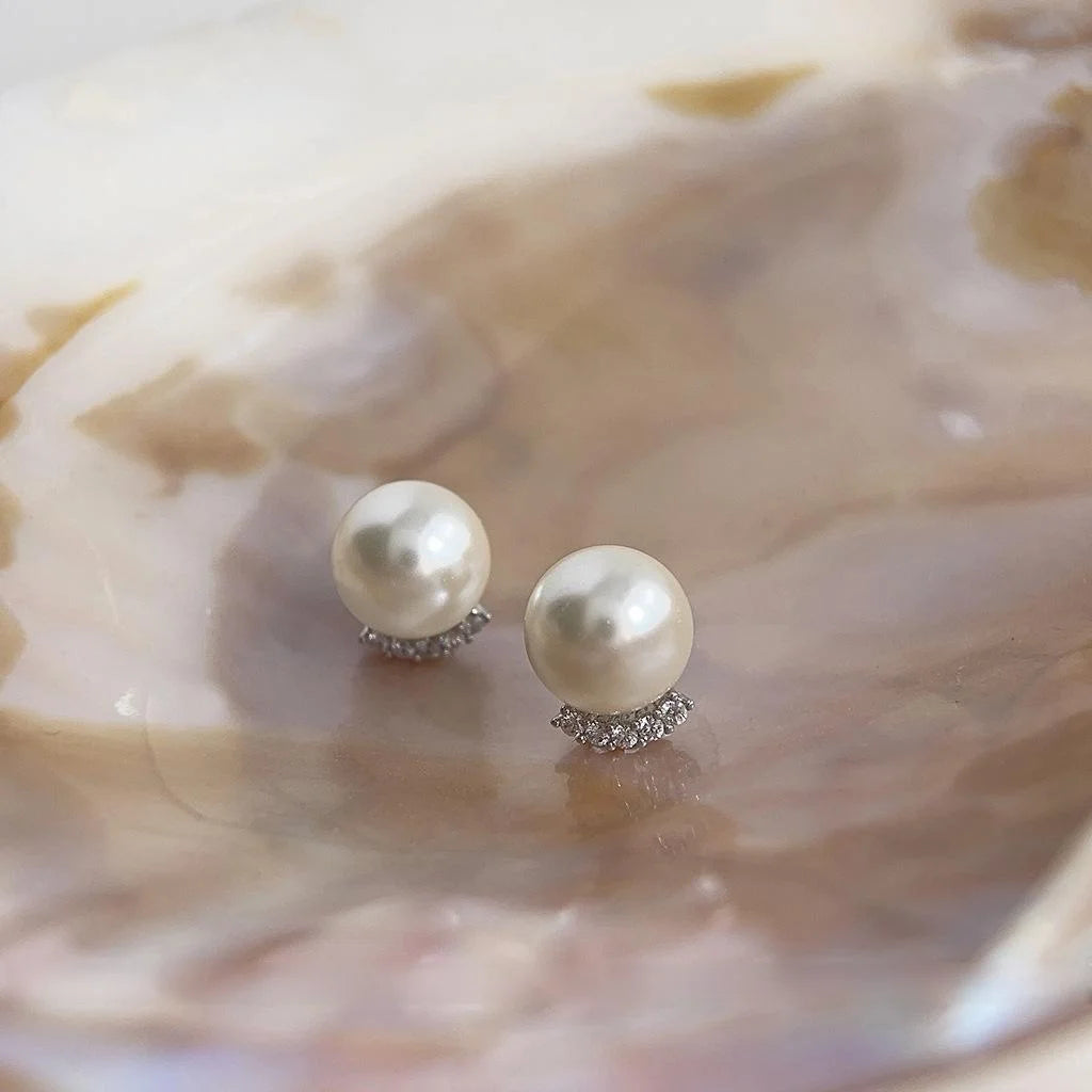 Elegant Glass Pearl Stud Earrings With Micro Pave Zircon Geometric Ball Minimalist Design
