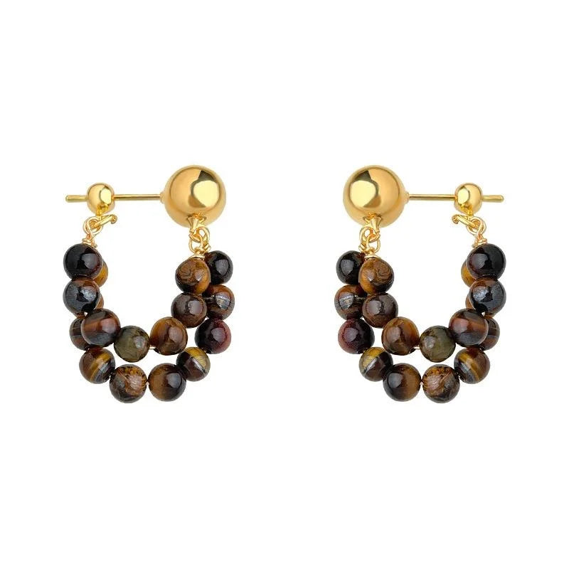 Maillard Style Tiger Eye Natural Stone Drop Earrings, U-Shaped Copper Geometric Front-Back Jewelry