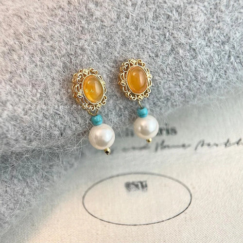 French Vintage 14K Gold Plated Copper Pearl Oval Floral Drop Earrings