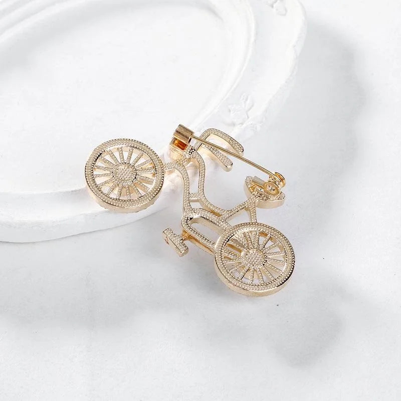 Vintage Bicycle Brooch With Rhinestone Wheels And Pearl Accents, Elegant Gold Alloy Lapel Pin Gift