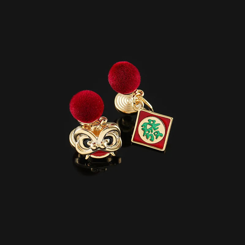 Vintage Chinese Lion Head Red Pom Pom Enamel Fortune Tag Stud & Clip On No Piercing Earrings