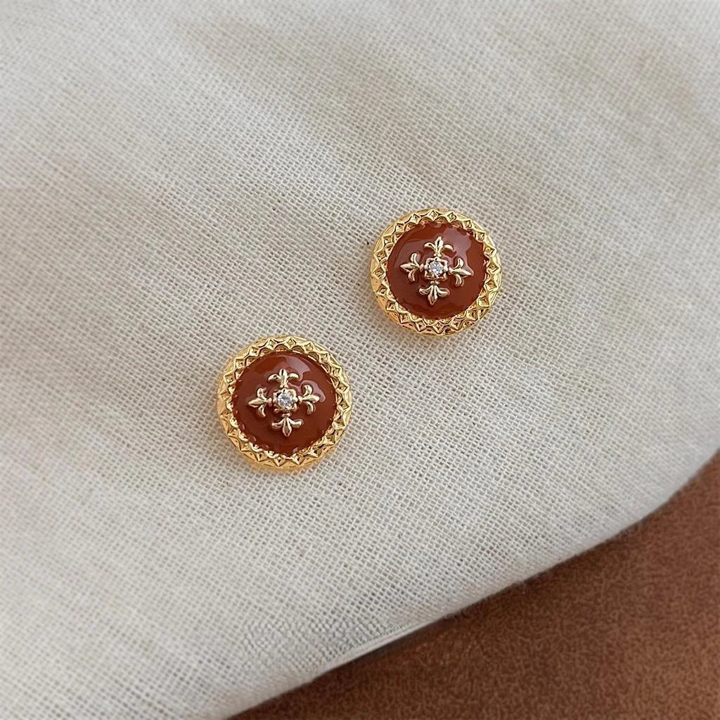 Copper Iris Flower Enamel Drip Glaze Geometric Button Stud Earrings With Zircon