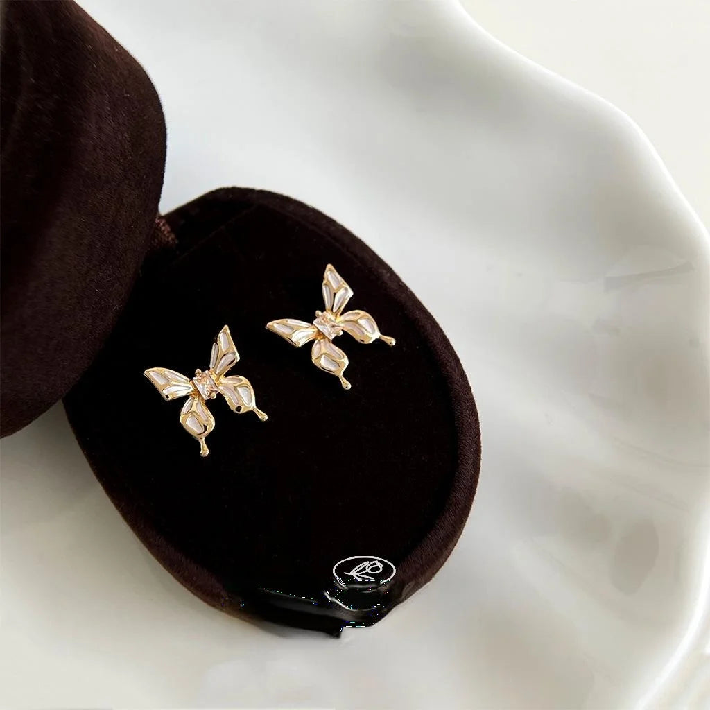French Light Luxury Butterfly Micro Pave Zircon Copper Stud Earrings