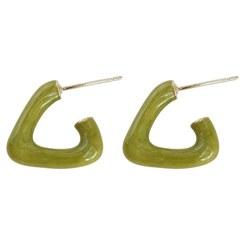 Avocado Green Geometric Triangle Copper Stud Earrings Minimalist Hollow Enamel Line Jewelry