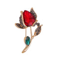 Elegant Red Glass Crystal Rose Flower Brooch With Rhinestone Leaves, Women's Lapel Pin Suit Accessory Gift