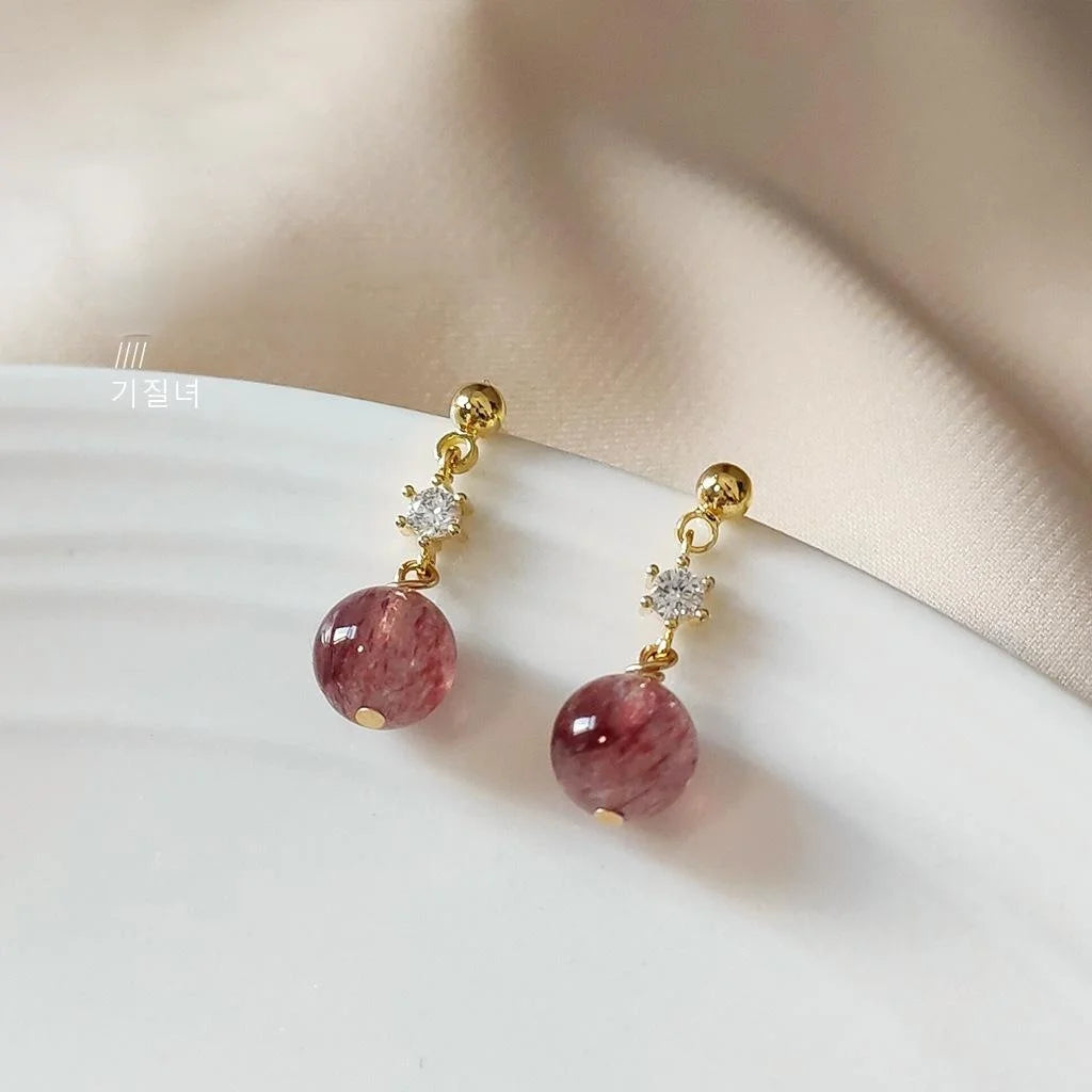 Mini Round Strawberry Quartz 14K Plated Handmade Stud Earrings