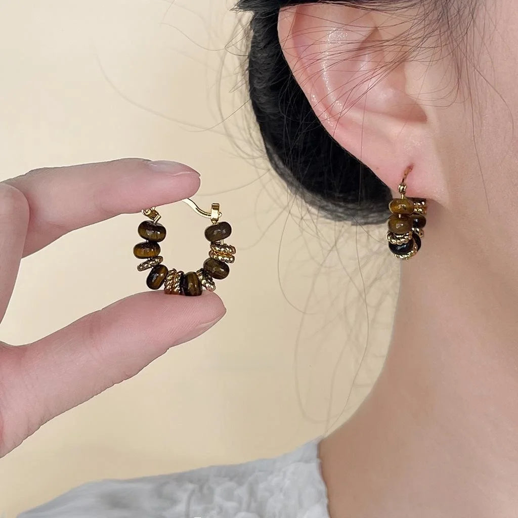 14K Plated Copper Tiger Eye Round Geometric French Vintage Maillard Drop Earrings