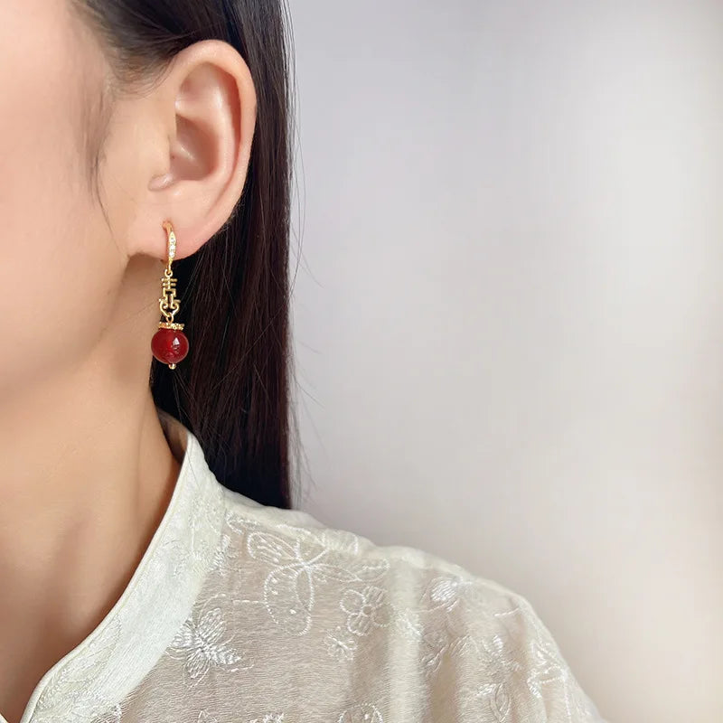 Elegant Chinese Double Happiness Red Agate Bead Alloy Stud & Clip On No Piercing Bridal Drop Earrings