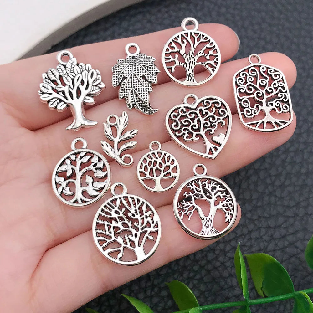 Antique Silver Zinc Alloy Leaf Tree of Life Bead for DIY Beaded Jewelry