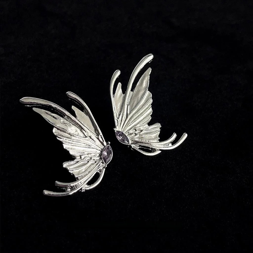 Sweet Cool Punk Butterfly Stud Earrings, Copper Liquid Metal Geometric Micro Pave Zircon Jewelry