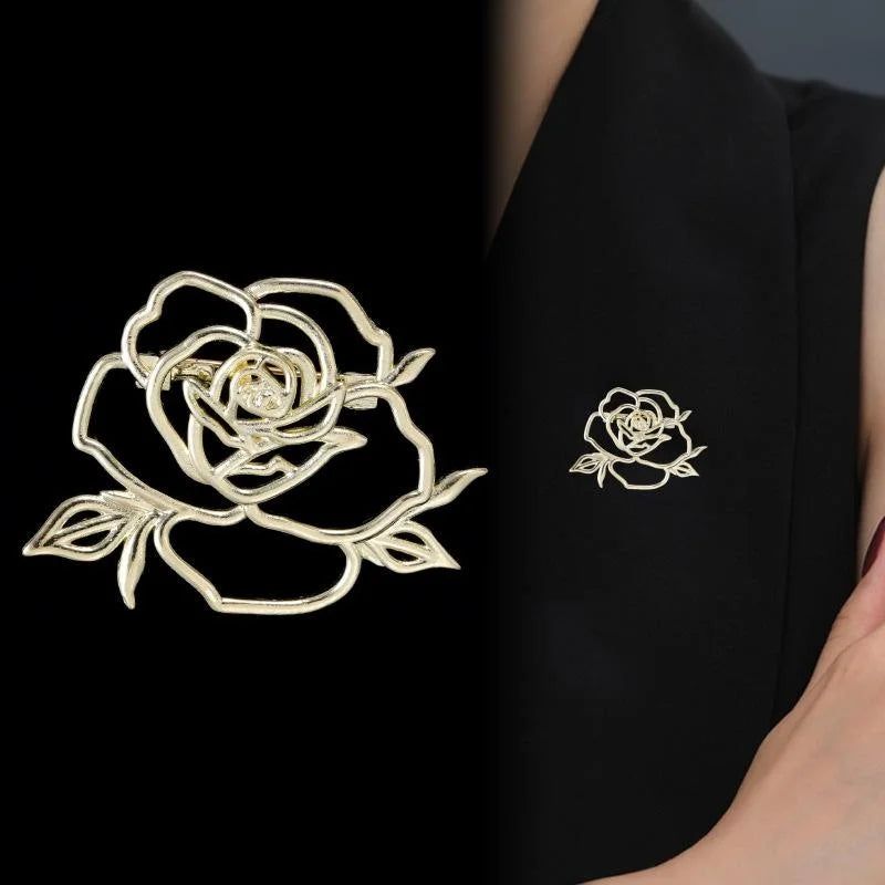 Elegant Hollow Rose Camellia Flower Alloy Brooch Pin, Korean Style Gold Lapel Pin Corsage Suit Accessory