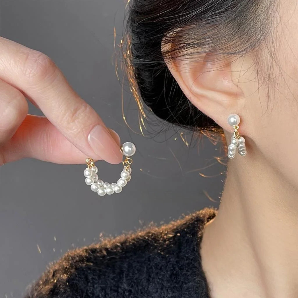 Fresh Sweet Minimalist Faux Pearl Geometric Round Hoop Drop Earrings Handmade Spring Jewelry