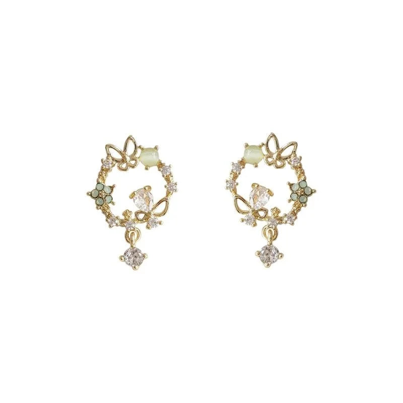 14K Gold Plated Copper Zircon Flower Butterfly Stud Earrings Korean Fairy Forest Style