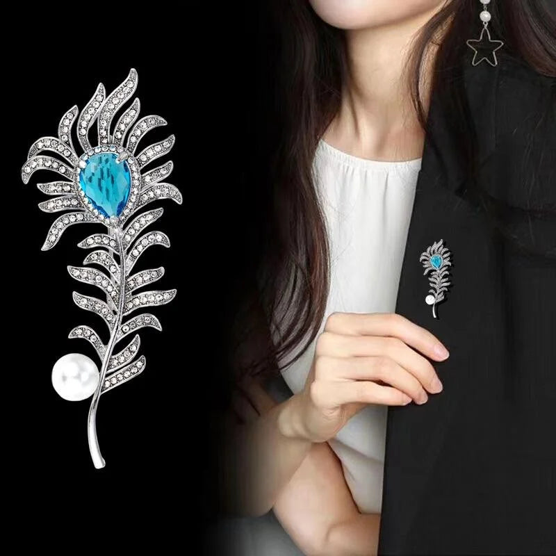 Elegant Crystal Rhinestone Leaf Brooch With Blue Teardrop Gem And Pearl, Luxury Lapel Pin Corsage Gift