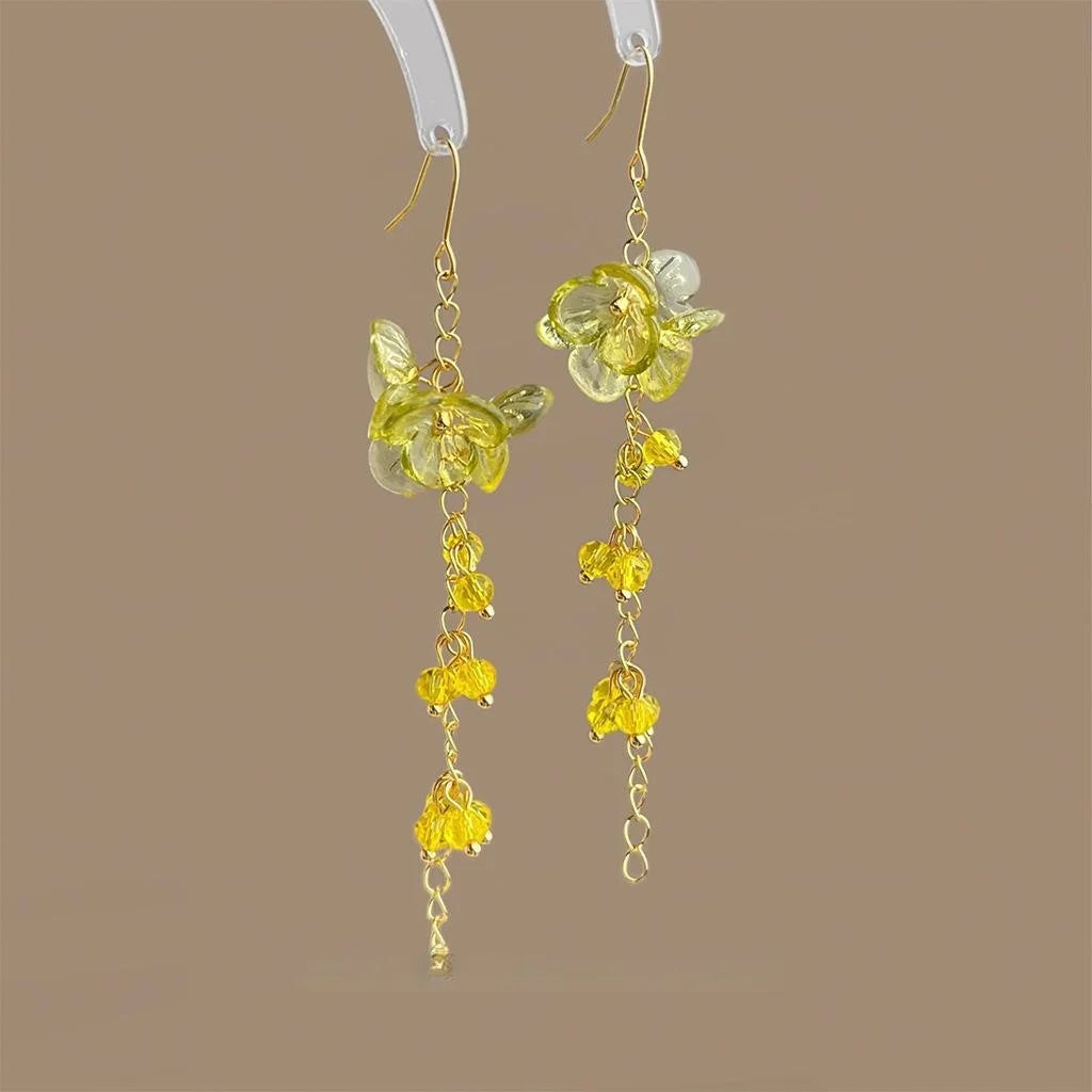 Summer Lemon Glass Crystal Acrylic Flower Tassel Chain Drop Earrings Forest Vacation Style