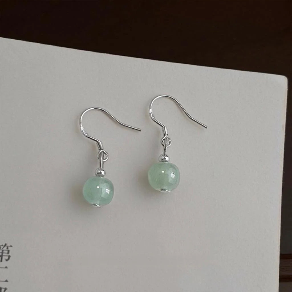 Vintage Green Aventurine Geometric Round Drop Earrings Silver Plated Handmade Forest Style