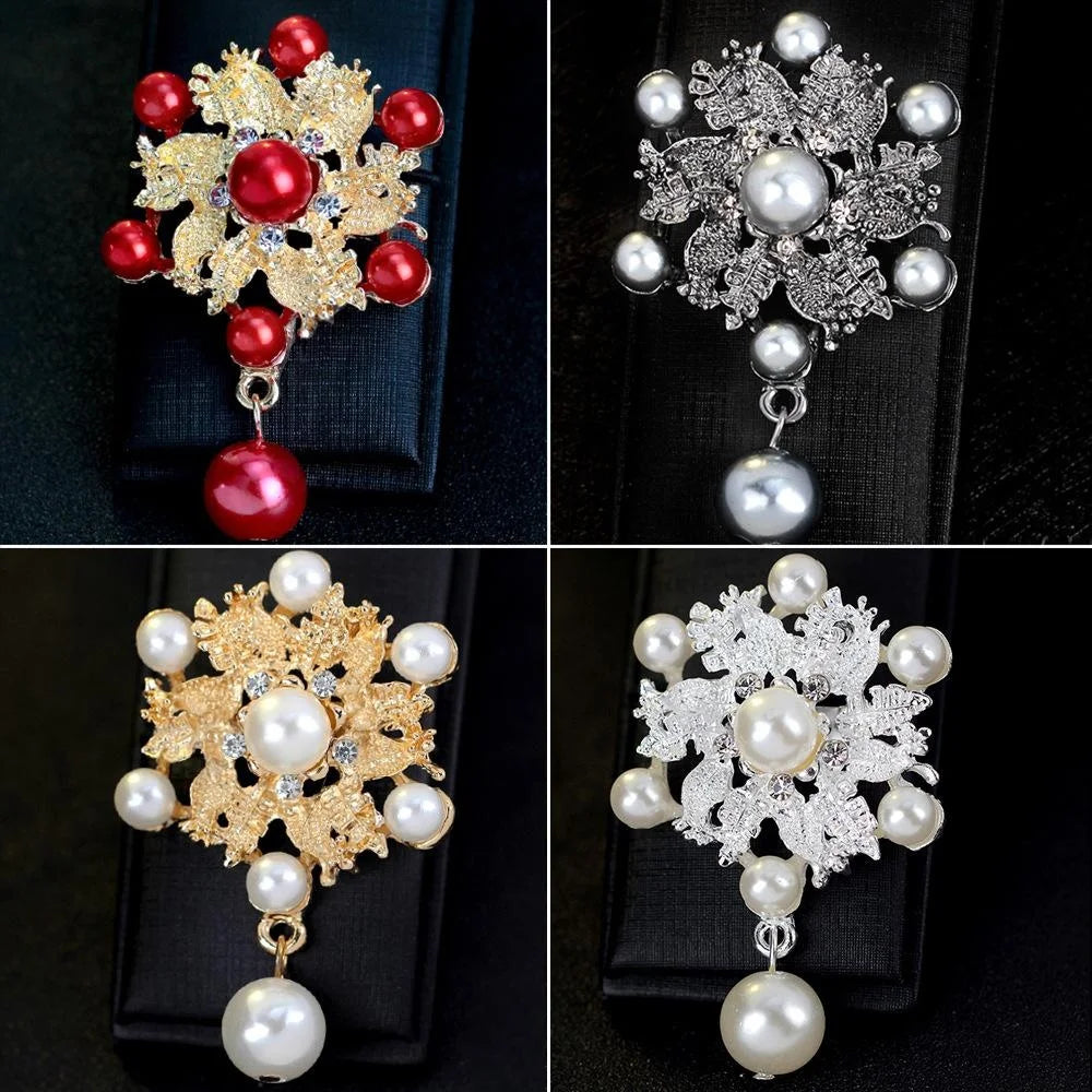 Elegant Alloy Pearl Flower Brooch With Rhinestone Accents And Dangle Pearl Lapel Pin Suit Accessory Gift