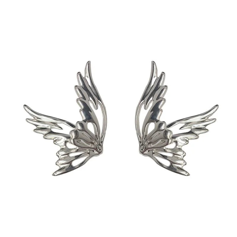 Silver Tone Copper Hollow Elf Wing Butterfly Stud Earrings, Cool Minimalist Fashion Jewelry
