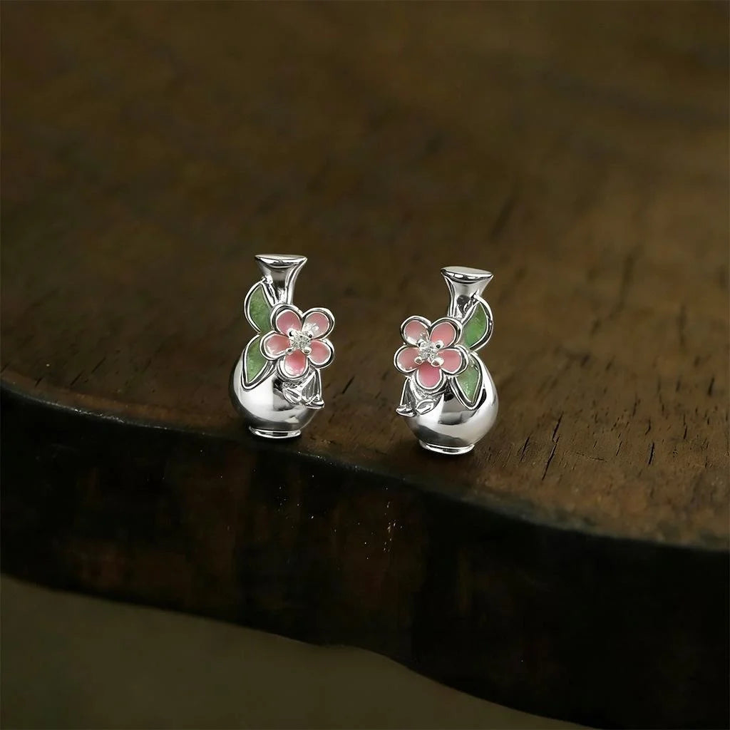 Style Floral Vase Drop Earrings With Hand Painted Enamel Glaze And Zircon Accents