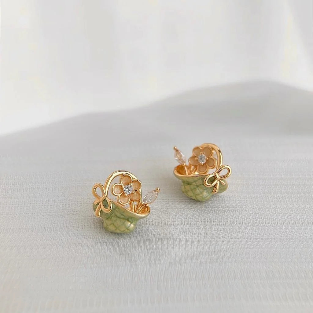 Pastoral Floral Basket Hand Painted Enamel Copper Zircon Stud Earrings