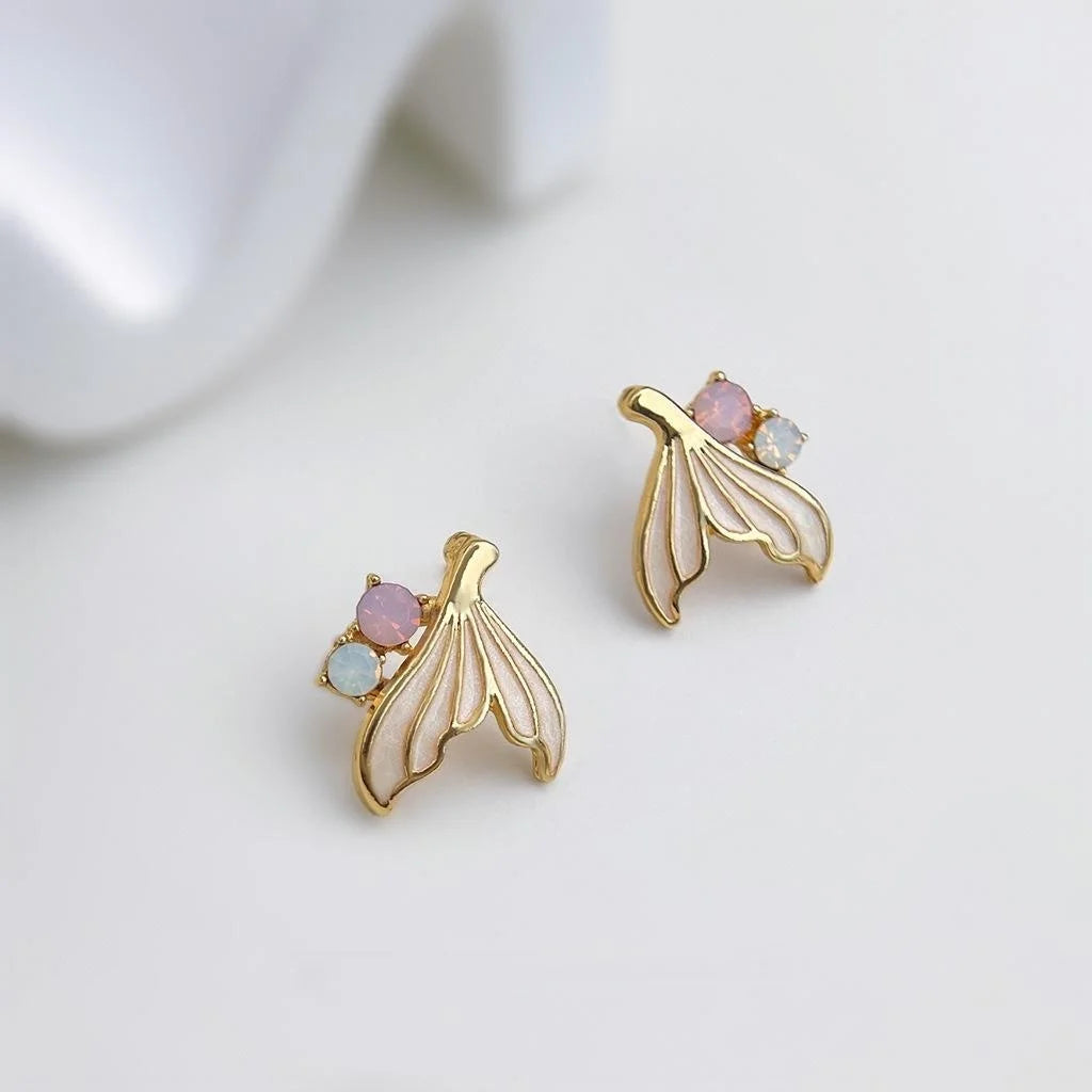 Sweet Fishtail Enamel Copper Stud Earrings With Colorful Rhinestones, Minimal Chic Commuter Jewelry