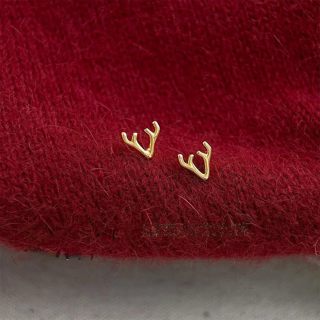 14K Gold Plated Copper Mini Deer Antler Stud Earrings, Cute Christmas Animal Jewelry