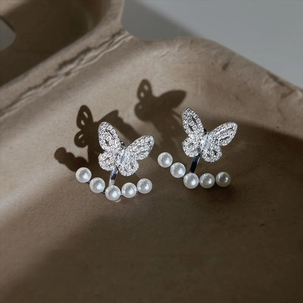 Two Way Butterfly Pearl Drop Earrings With Micro Pave Zircon Copper Sweet Style