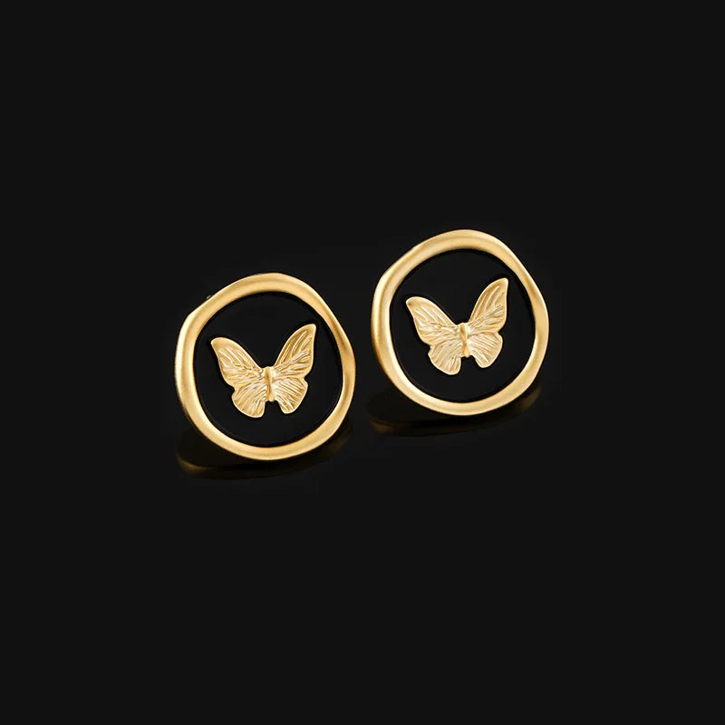 Vintage Matte Gold Alloy Black Enamel Butterfly Round Stud & Clip On No Piercing French Style Earrings