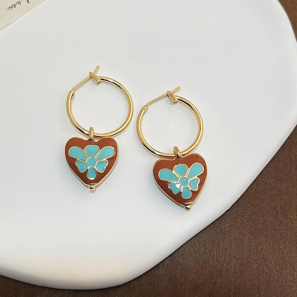 14K Gold Plated Copper Enamel Heart Flower Drop Earrings Retro Minimalist Jewelry
