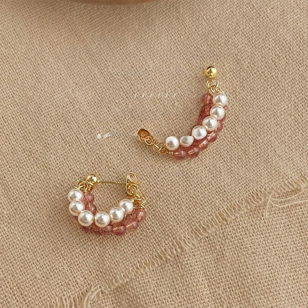 Sweet Strawberry Quartz Natural Stone Drop Earrings Handmade Copper Geometric Hoop