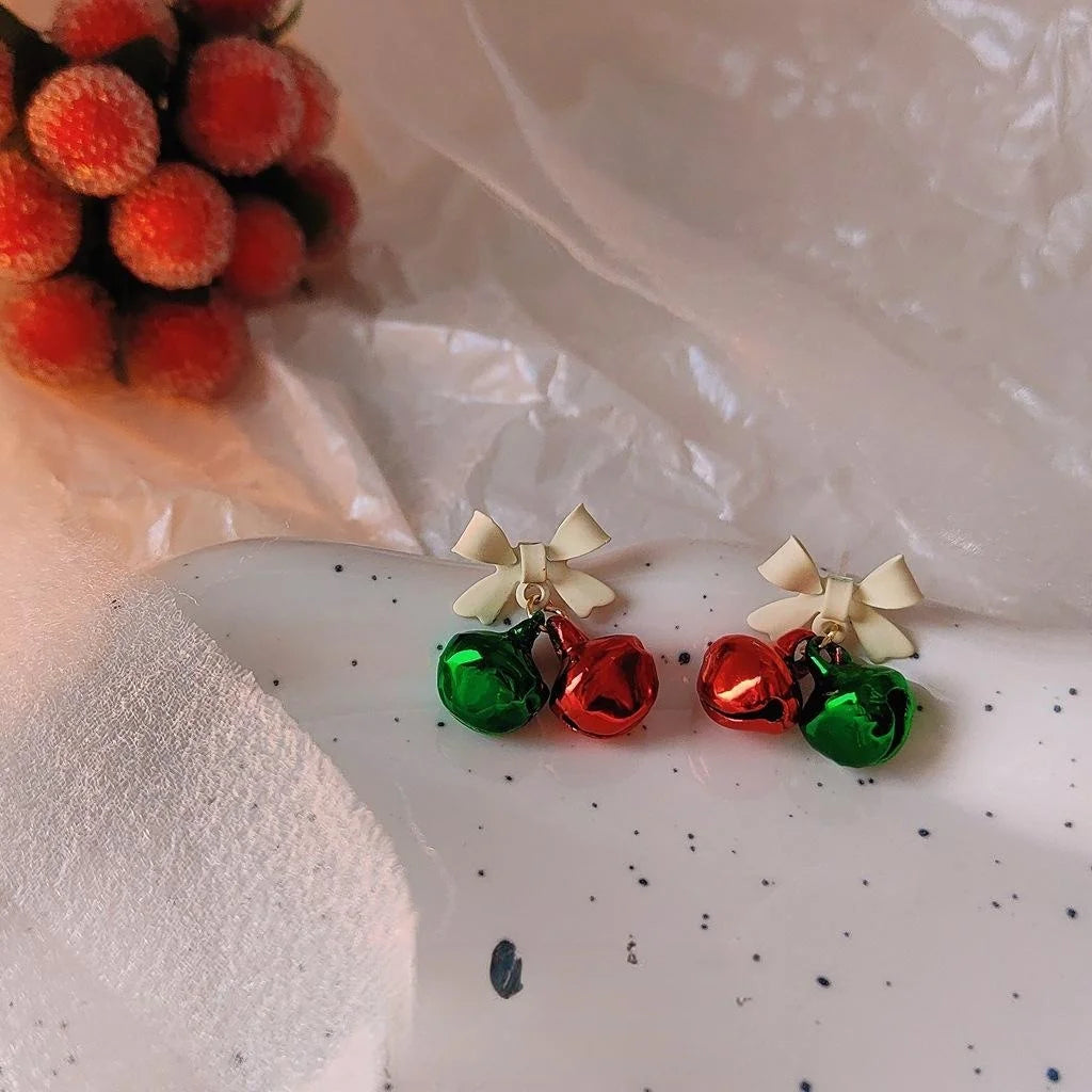 Copper Christmas Bell Bow Stud Earrings Red Green Cute Festive Holiday Jewelry