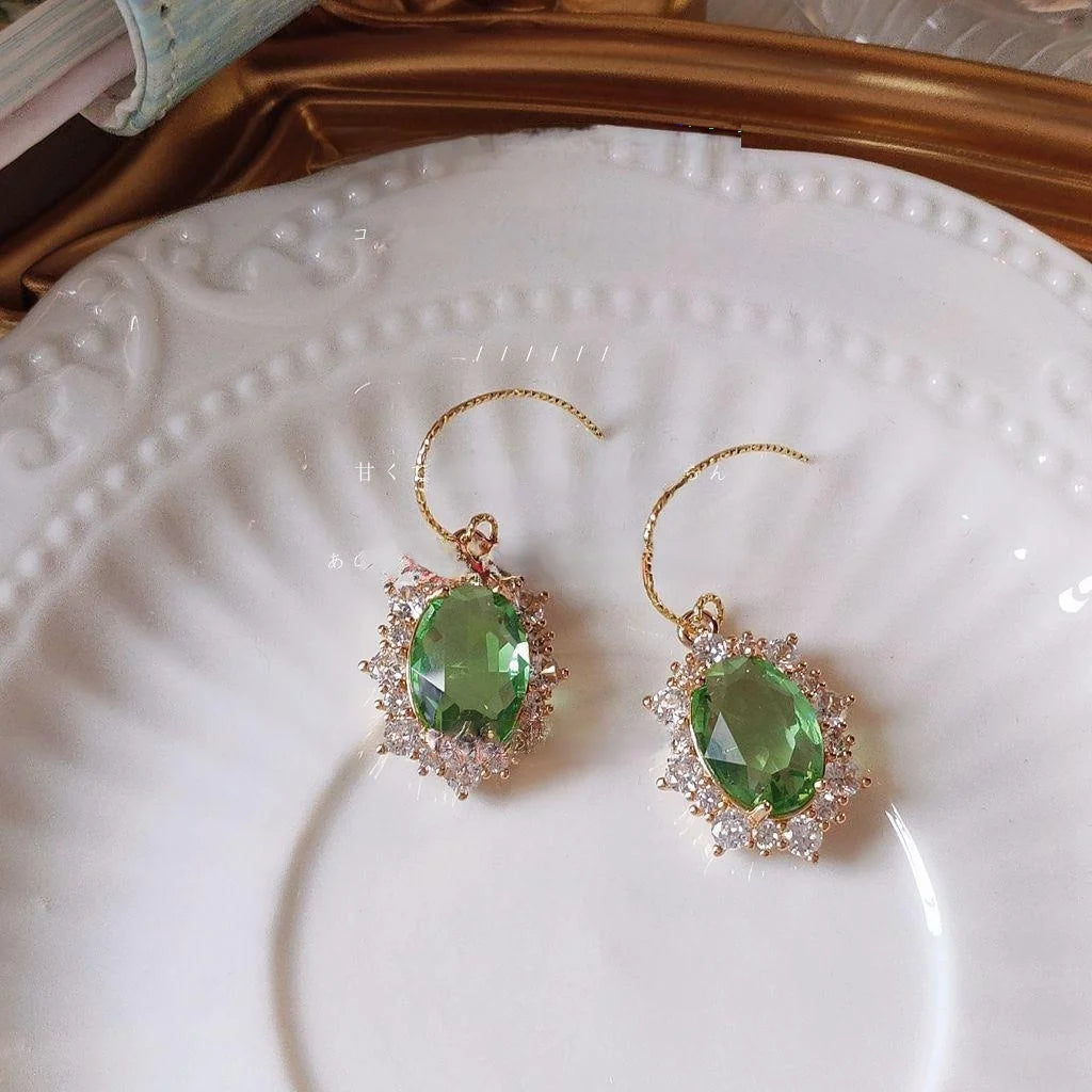 French Vintage Oval Green Zircon Copper 18K Gold Plated Drop Earrings For Women