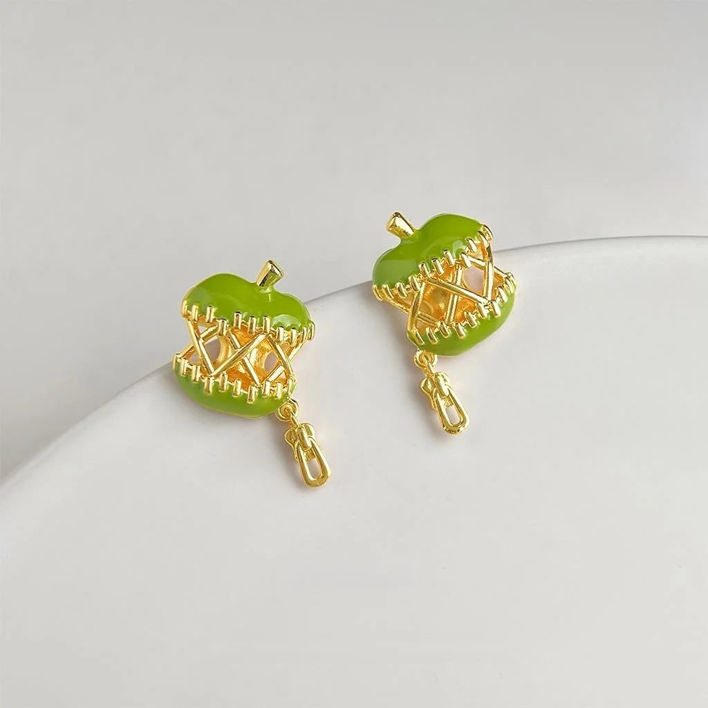 Original Green Apple Enamel Drop Earrings Eco-Friendly Copper Fresh Fruit Jewelry For Women