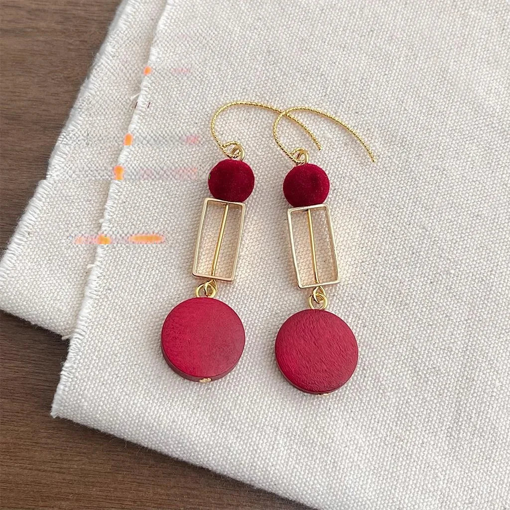Original Designer Burgundy Flocked Lacquered Wood Geometric Tassel Drop Earrings With Copper Hooks