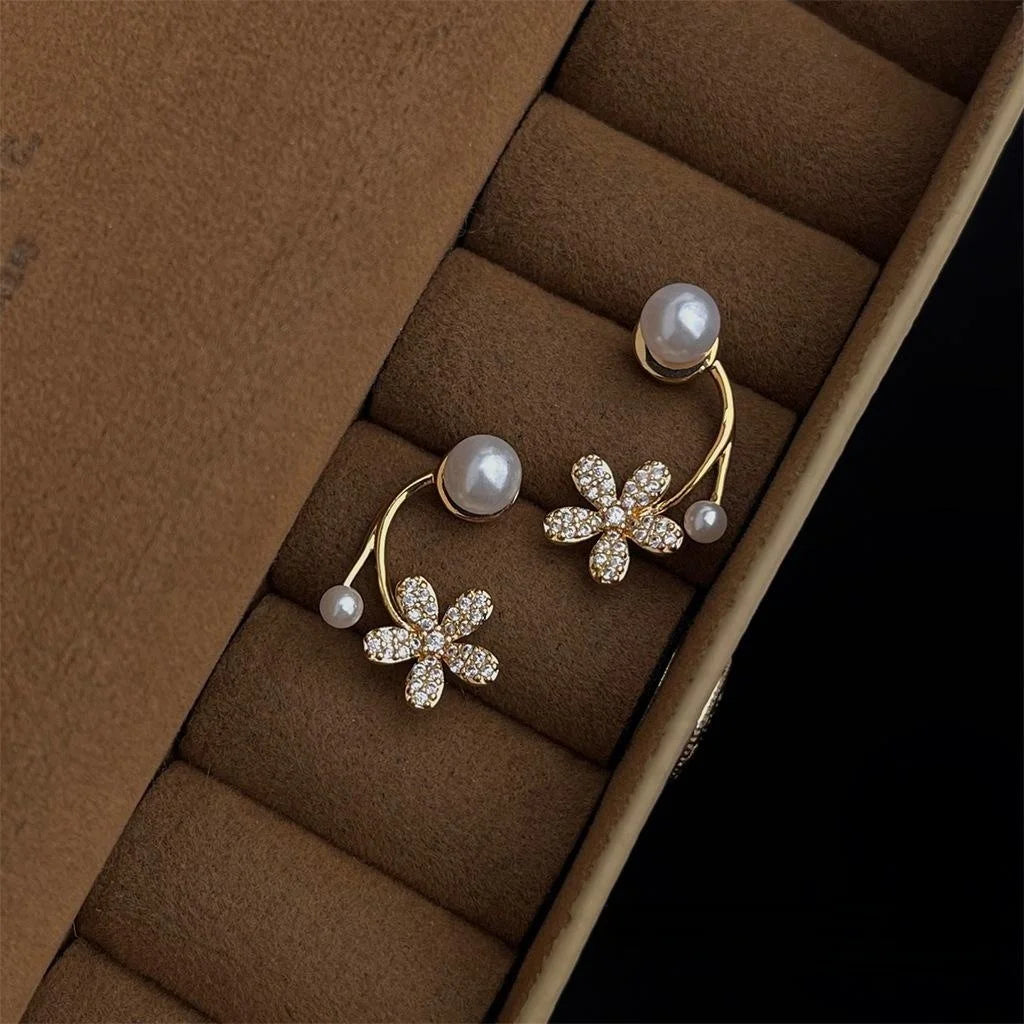 Sweet 14K Gold Plated Copper Pearl Flower Stud Earrings With Micro Pave Zircon