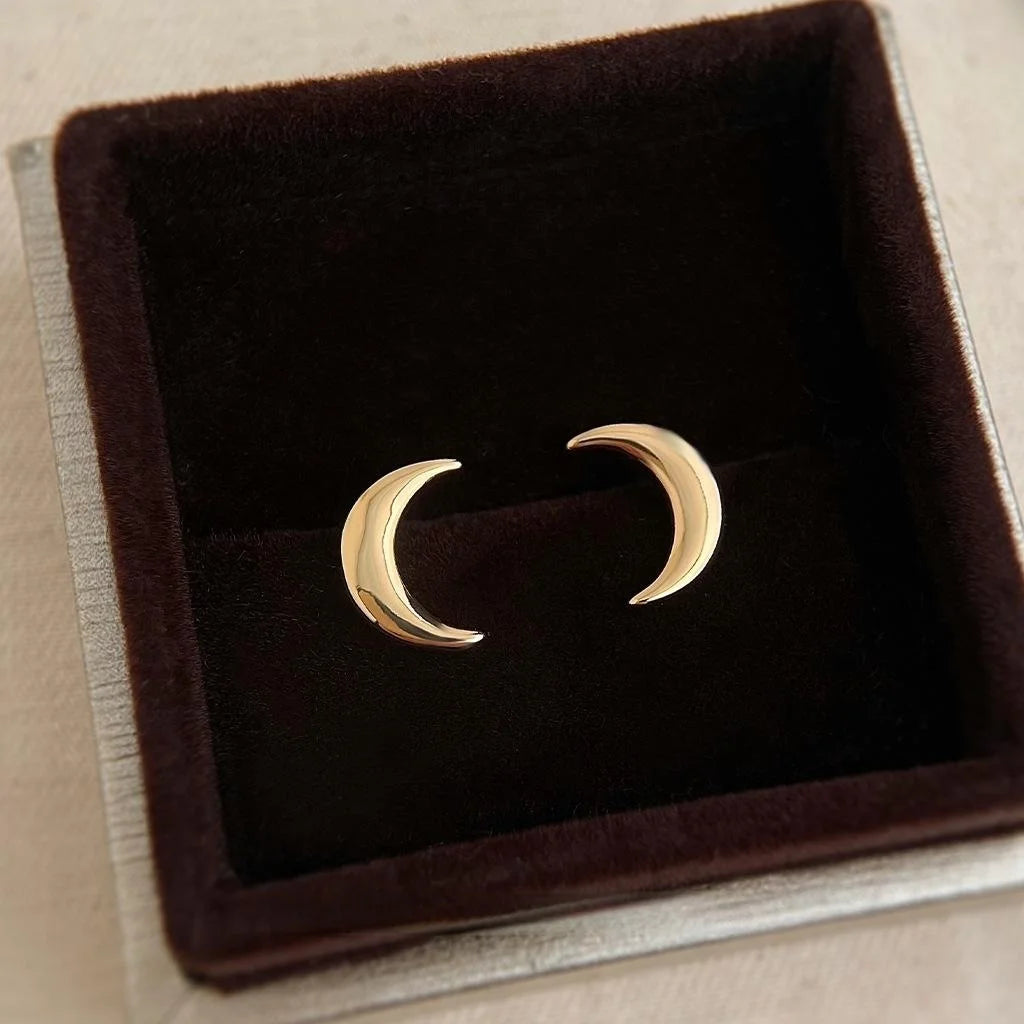 14K Gold Plated Copper Crescent Moon Stud Earrings Minimalist Commuter Jewelry
