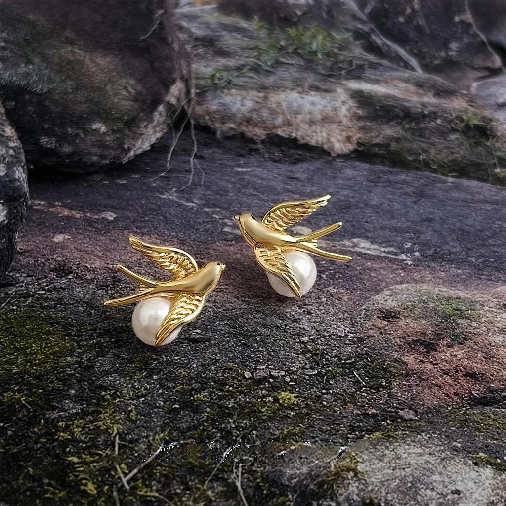 14K Plated Copper Glass Pearl Bird Stud Earrings Elegant Animal Design For Women