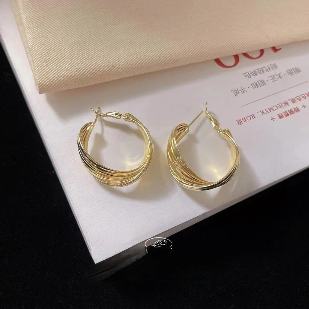 Klein Style Geometric Hoop Stud Earrings, 14K Plated Metal Minimalist Korean Jewelry